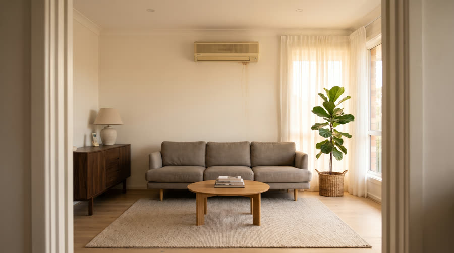 An old, worn air conditioning unit before replacement