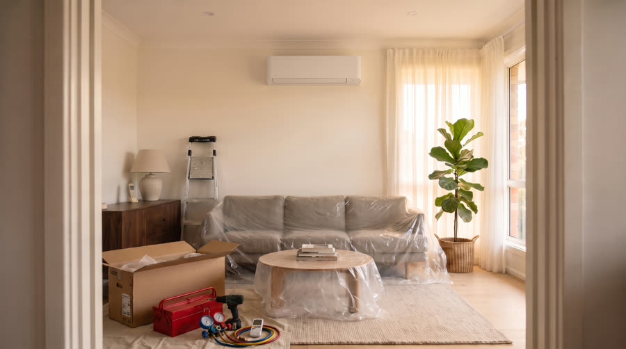 A new slim split system unit freshly mounted on the wall