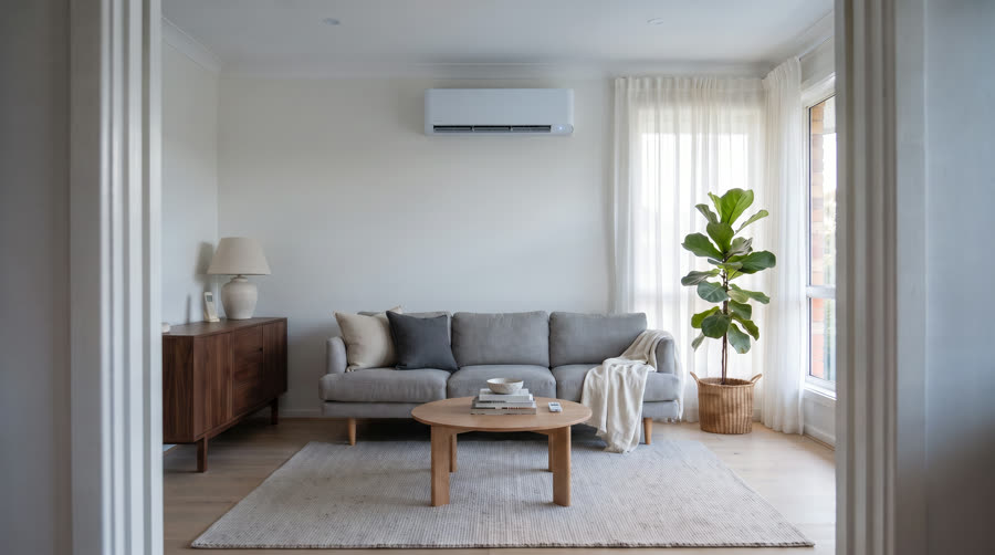 A finished, cool living room with a new air conditioning unit running